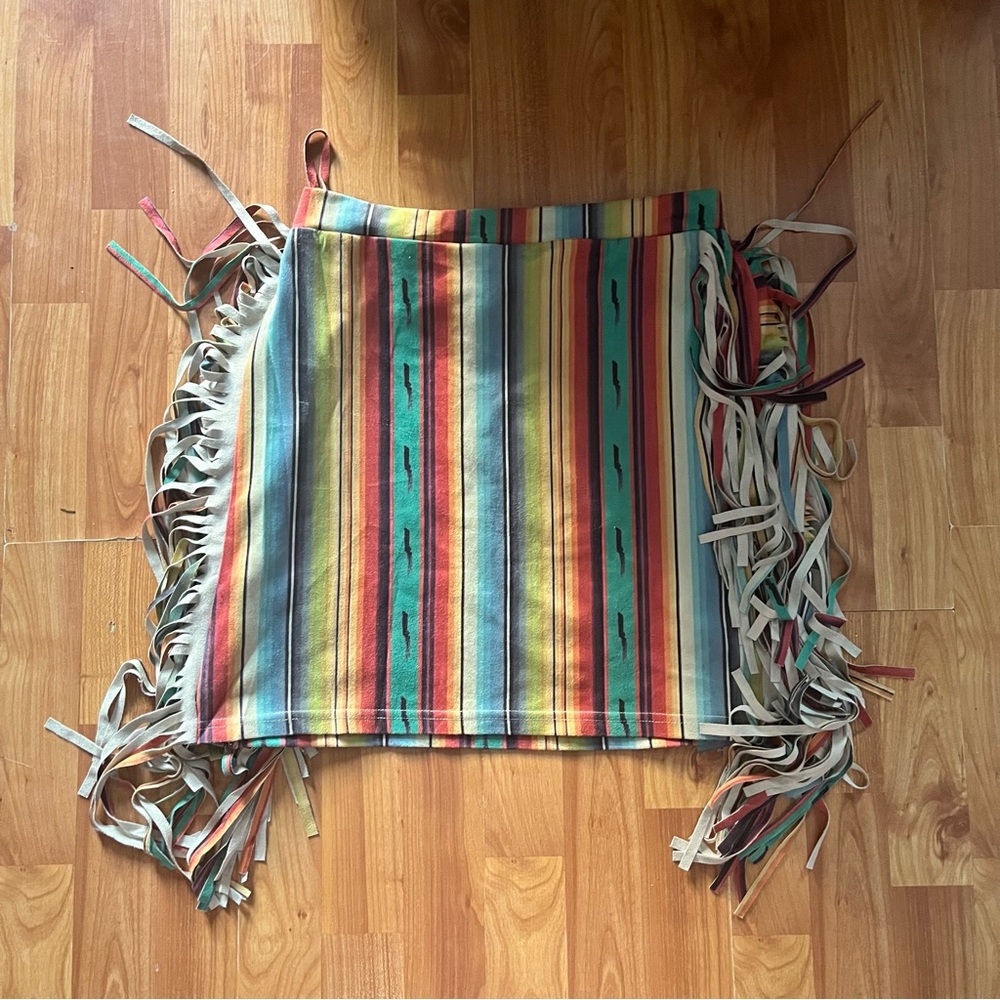 Multicolor Striped Wrap Skirt with Fringe Ties Western Southwest Turquoise